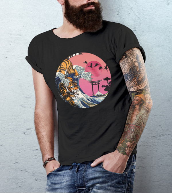 Rad Tiger Wave Sunset With Torii Gate And Birds T-Shirt