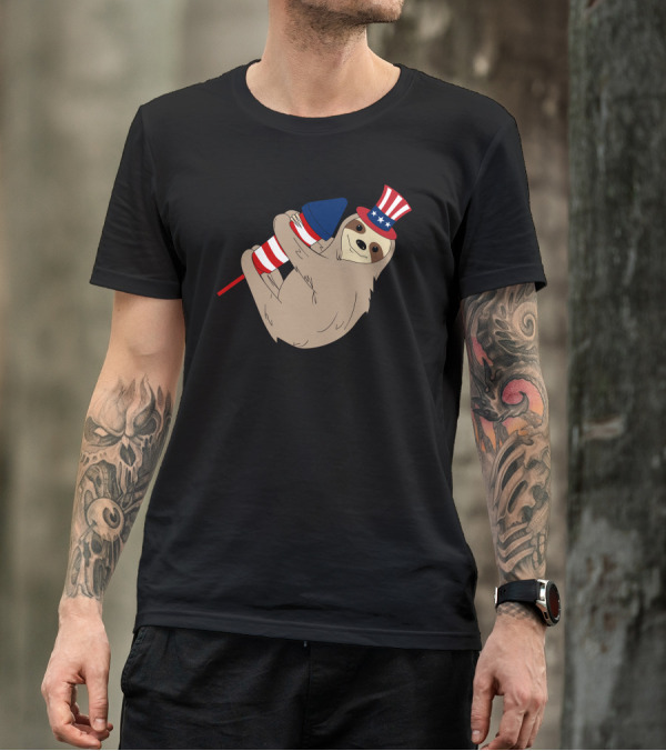 Rocket Firecracker Sloth Uncle Sam Hat American Flag 4th July T-Shirt