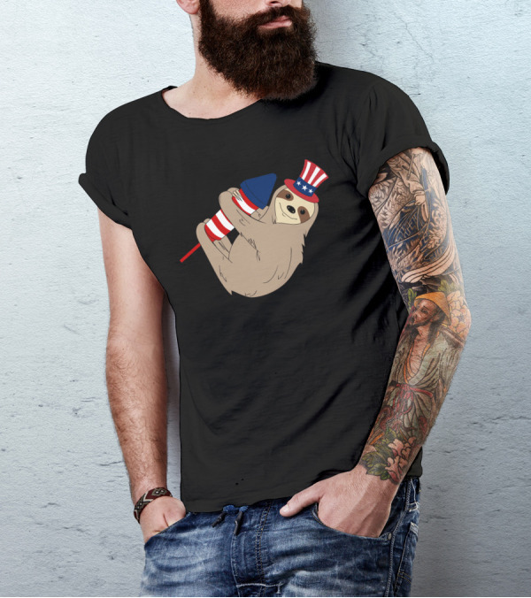 Rocket Firecracker Sloth Uncle Sam Hat American Flag 4th July T-Shirt