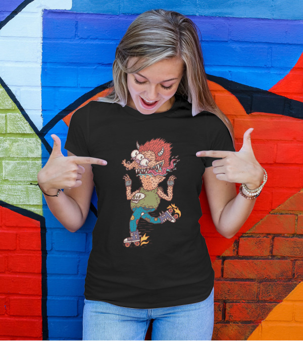 Rollerskater Monster With Fiery Hair And Skulls T-Shirt