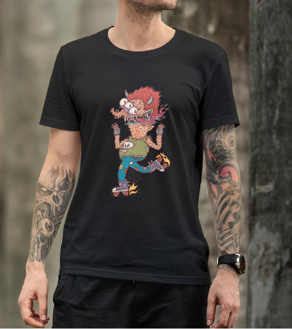 Rollerskater Monster With Fiery Hair And Skulls T-Shirt