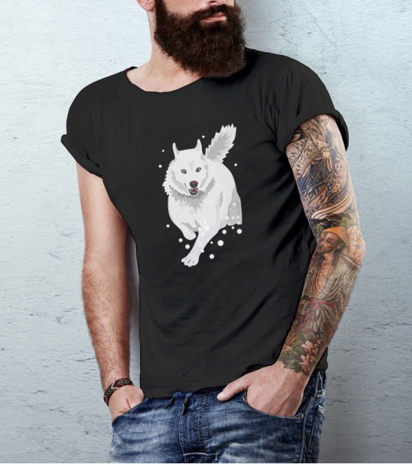Siberian Husky White Snow Dog Running In Winter Scene T-Shirt