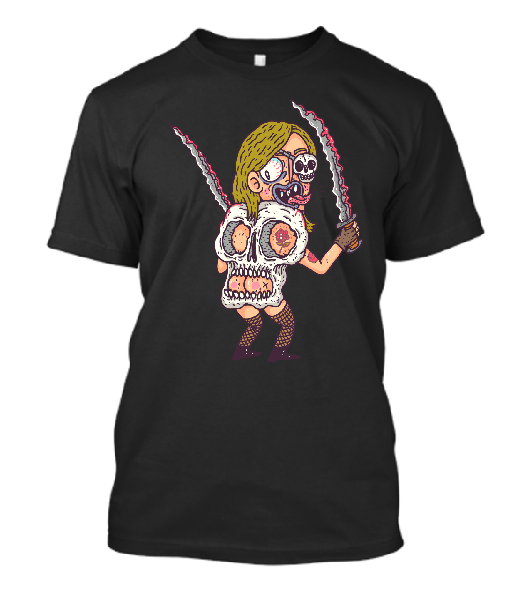 Skullbat Sword-Wielding Character With Skull Mask And Fishnet Attire T-Shirt