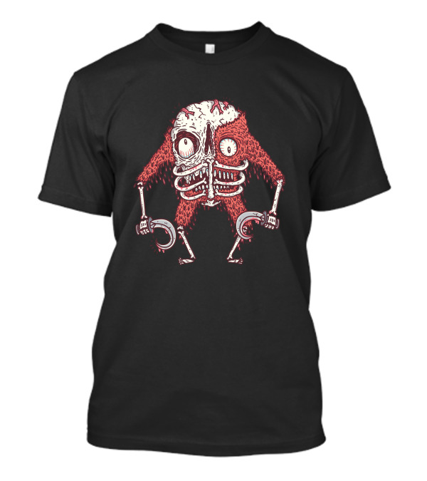 Skulley Monster With Skeleton Body And Fuzzy Red Fur Holding Hooks T-Shirt