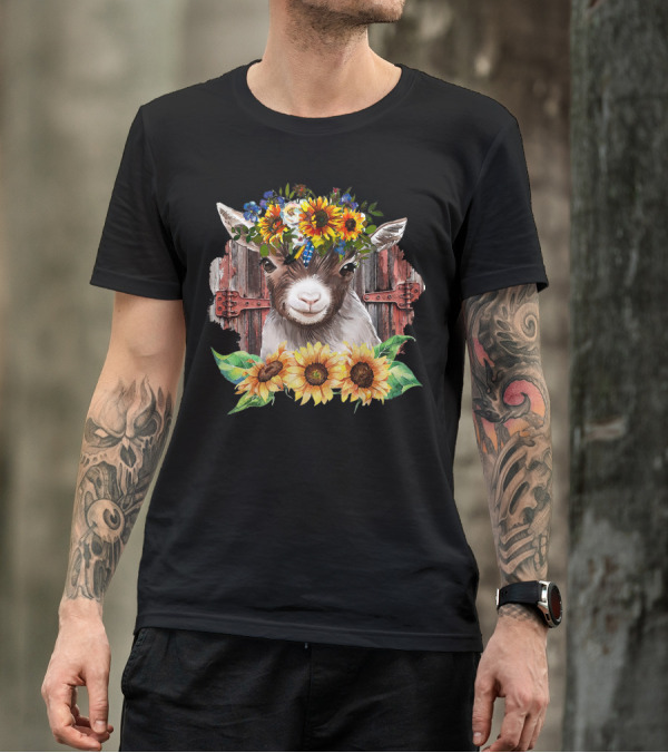 Sunflower Goat With Floral Crown And Rustic Barn Doors T-Shirt