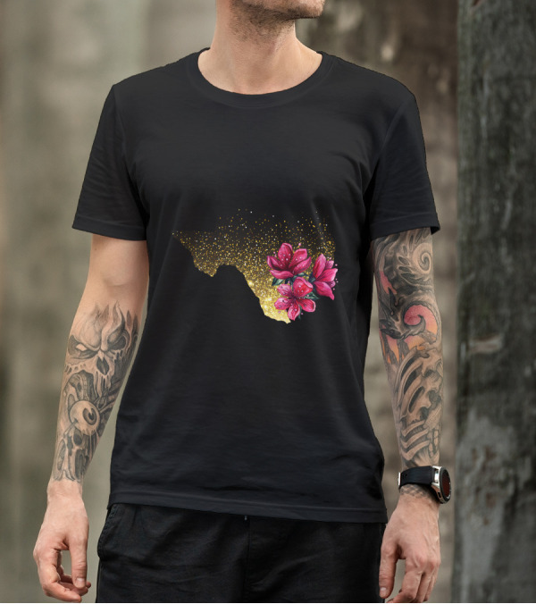 Texas Map With Floral Blooms And Gold Sparkle Embellishment T-Shirt