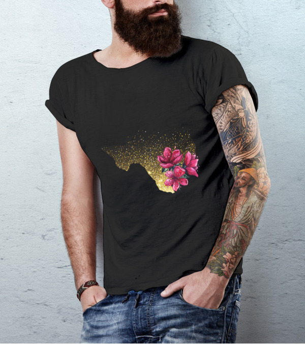 Texas Map With Floral Blooms And Gold Sparkle Embellishment T-Shirt