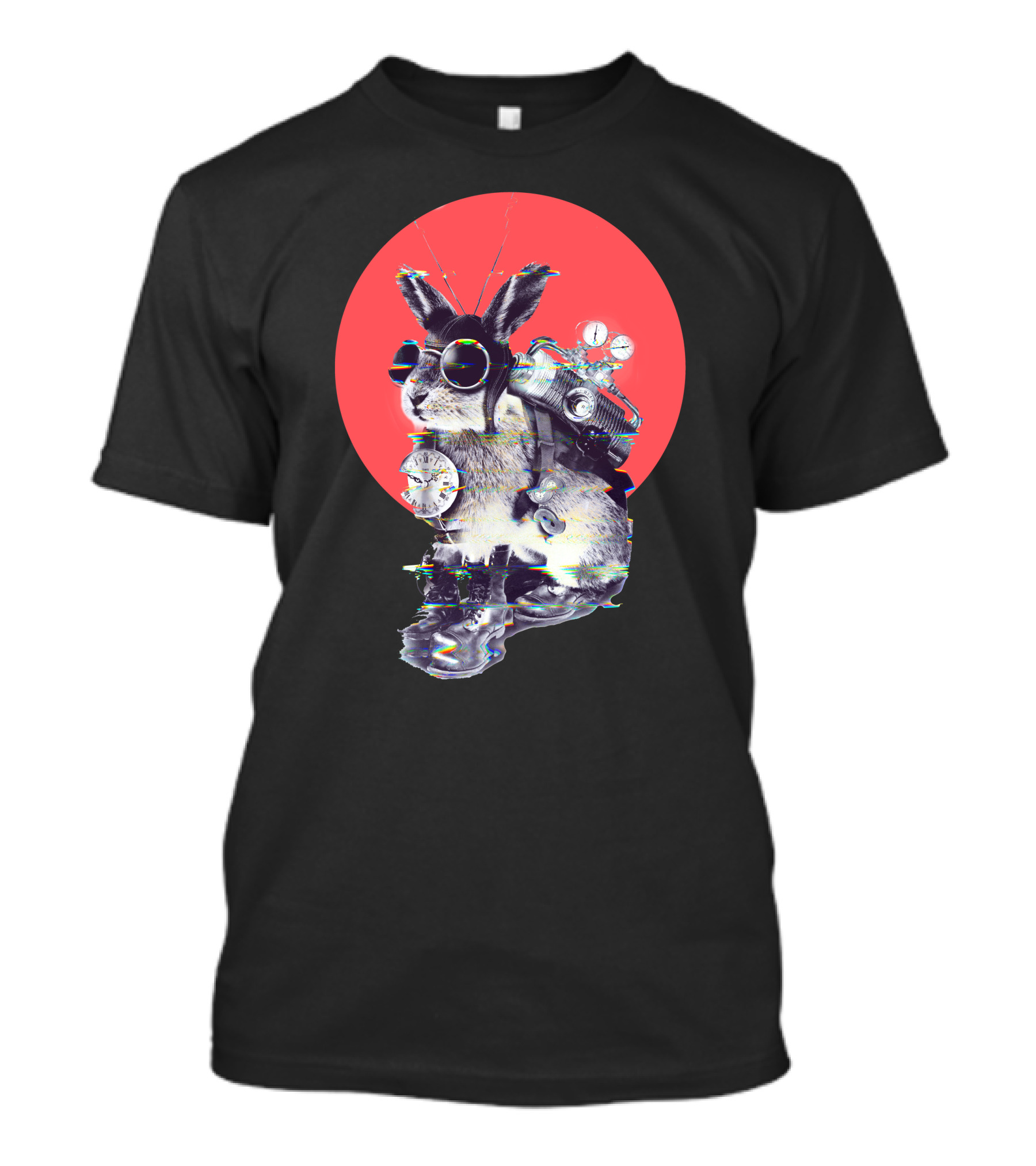 Time Traveler Rabbit With Futuristic Gadgets Against Red Circle Background T-Shirt