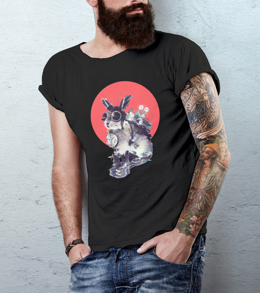 Time Traveler Rabbit With Futuristic Gadgets Against Red Circle Background T-Shirt