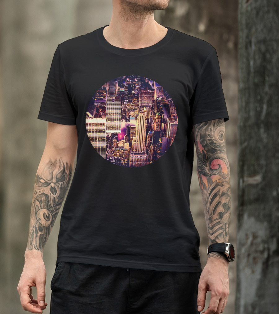 Upside Down New York City Skyline In Circular Perspective T-Shirt