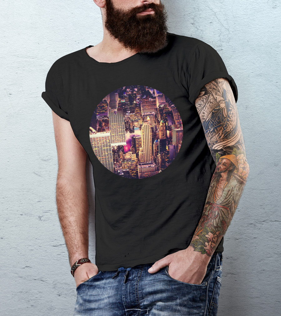 Upside Down New York City Skyline In Circular Perspective T-Shirt