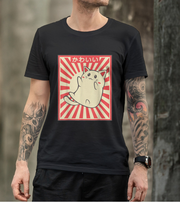 Kawaii Vintage Japanese Cat With Rising Sun Motif T-Shirt