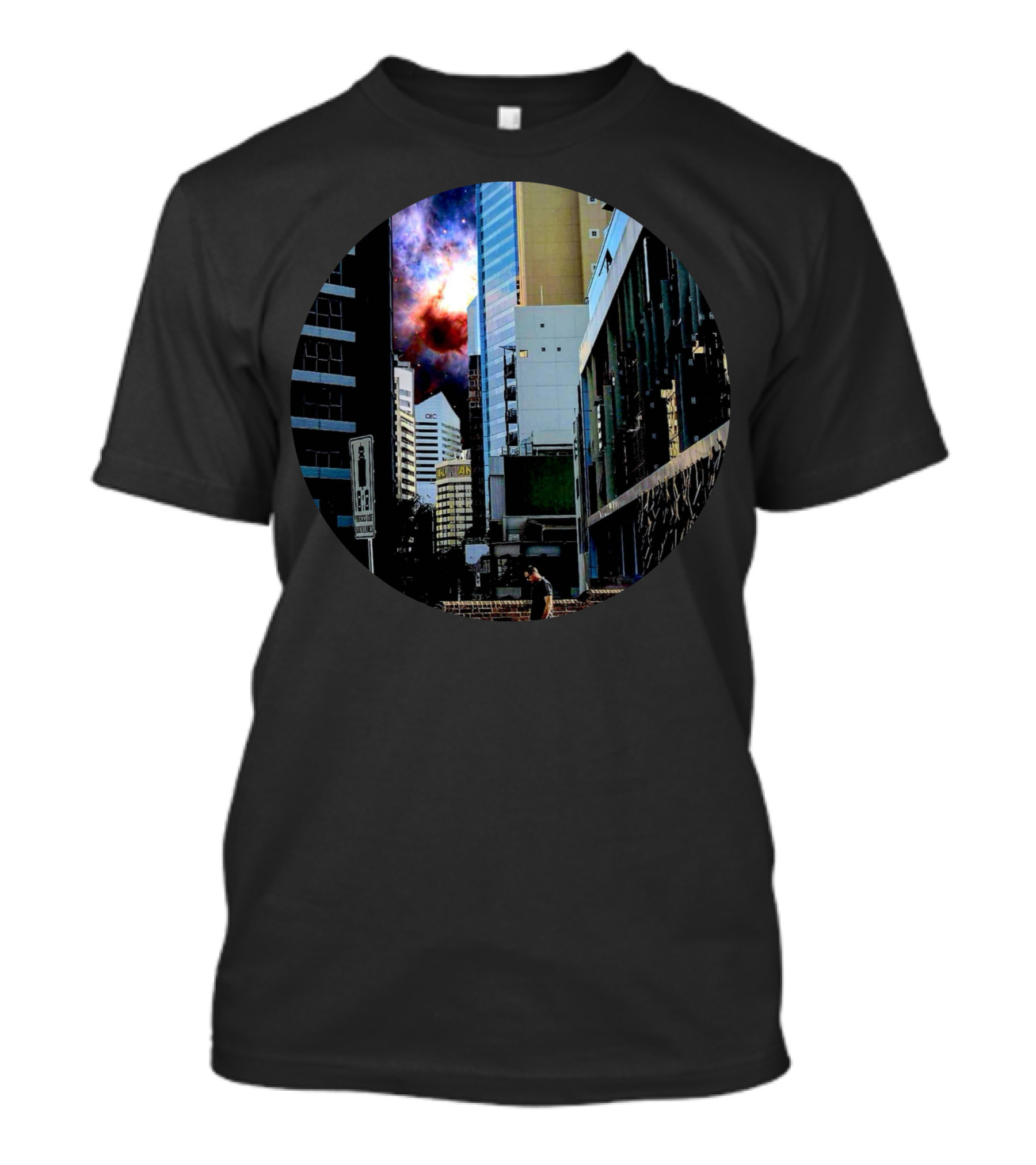 Walking In The City Street With Space Explosion In Urban Skyscraper Background T-Shirt