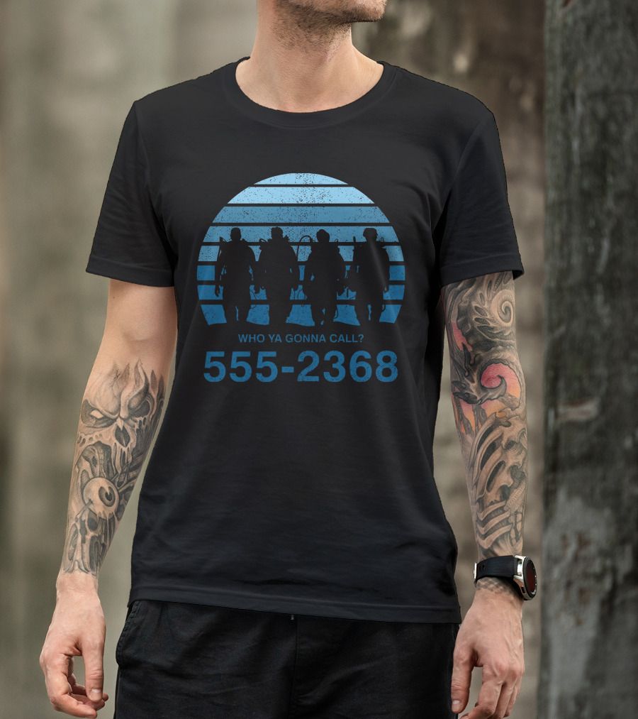 Who Ya Gonna Call 555-2368 Silhouettes Against Striped Blue Sunset T-Shirt