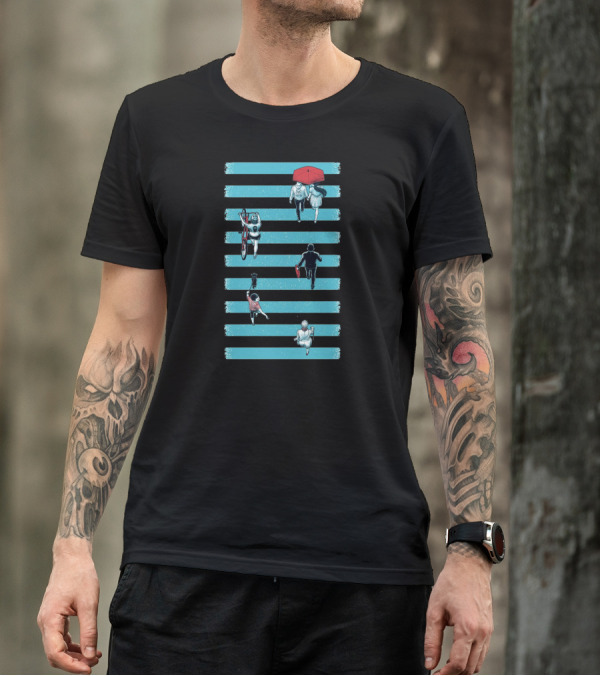Across The Street Red Umbrella Black Briefcase Bicycle Vertical View T-Shirt