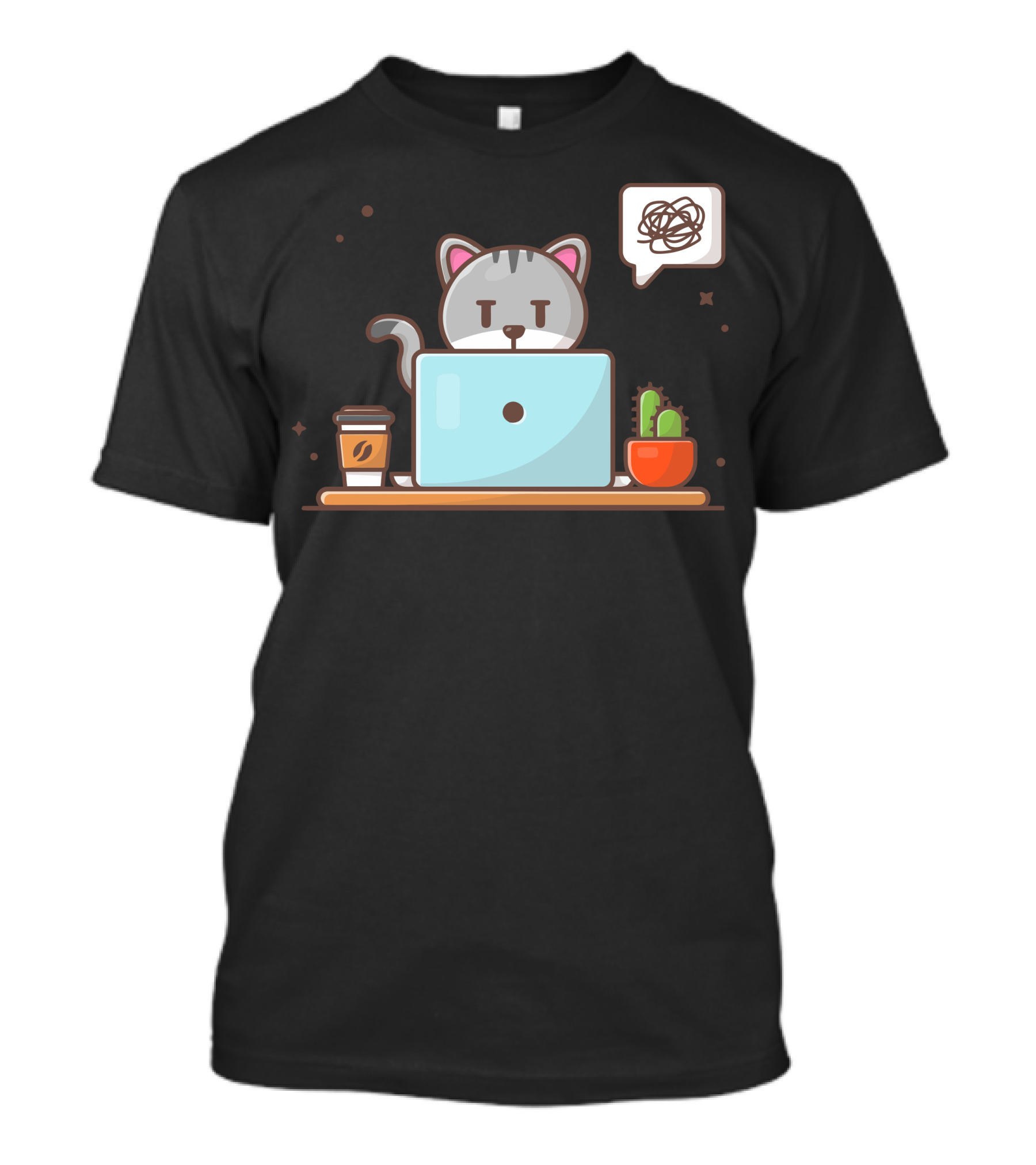 Angry Cat Frustrated Laptop Work Coffee Cactus T-Shirt
