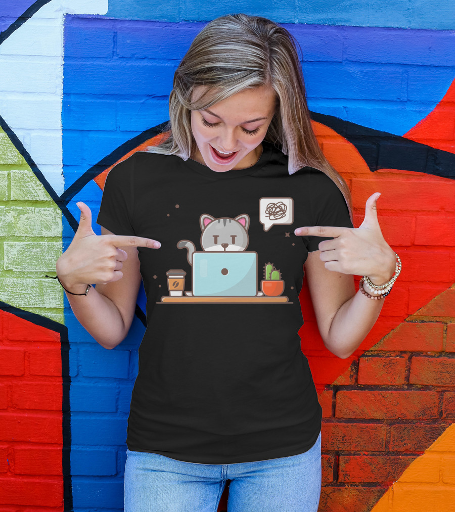 Angry Cat Frustrated Laptop Work Coffee Cactus T-Shirt