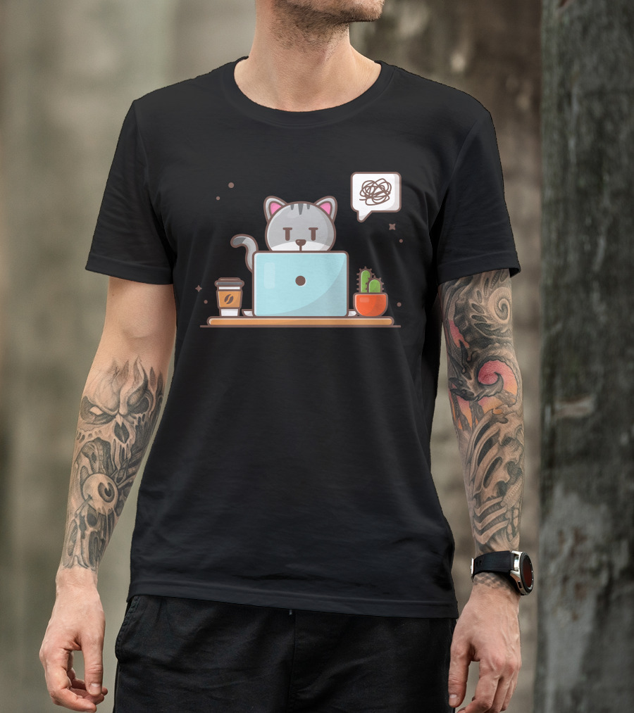 Angry Cat Frustrated Laptop Work Coffee Cactus T-Shirt
