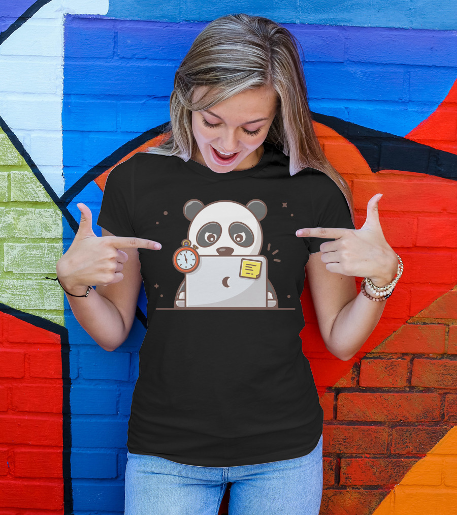 Panda Laptop Stopwatch Cartoon T-Shirt