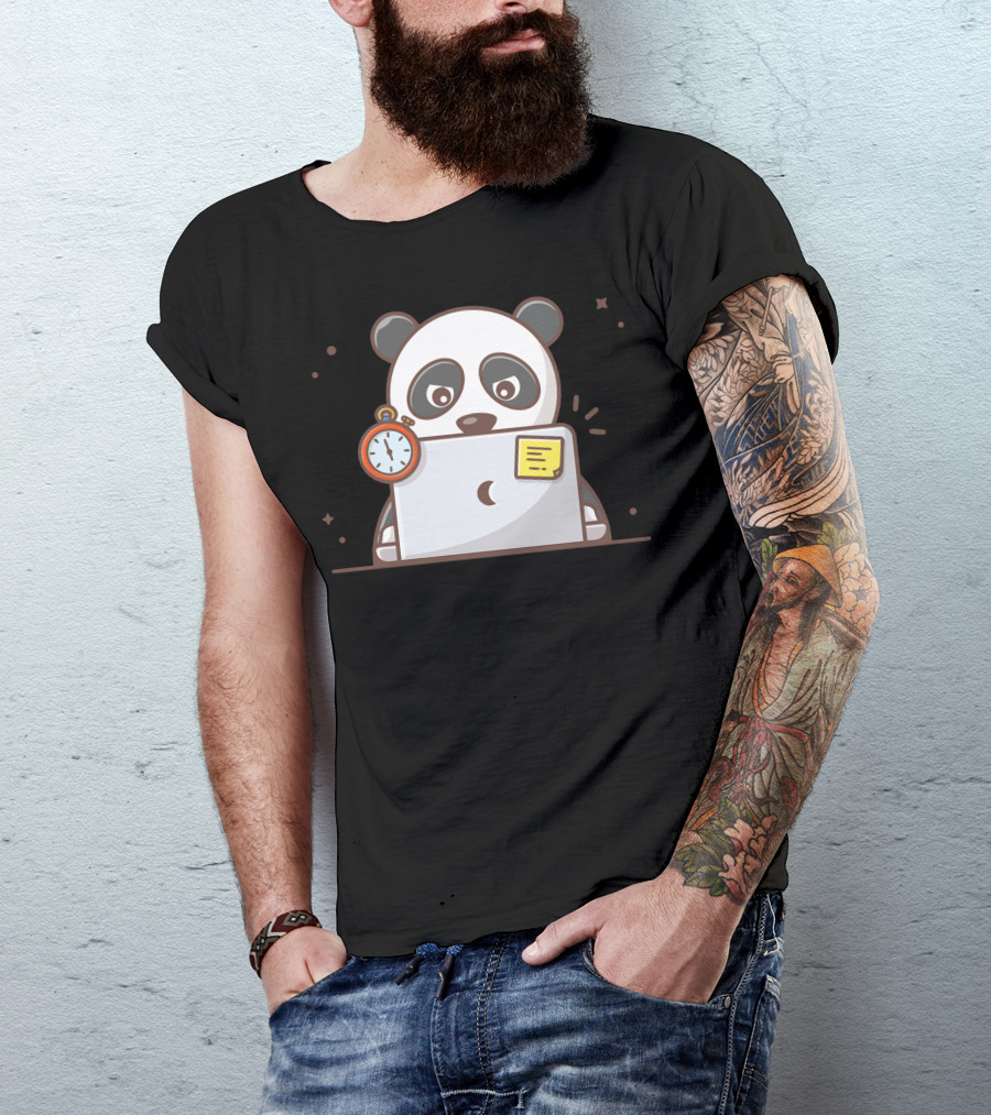 Panda Laptop Stopwatch Cartoon T-Shirt