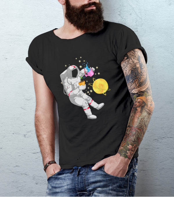 Astronaut Watering Plants In Outer Space With Cosmic Starry Background T-Shirt