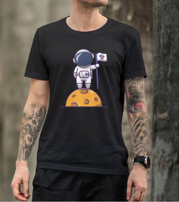 Astronaut Holding Rocket Flag On Moon Surface T-Shirt