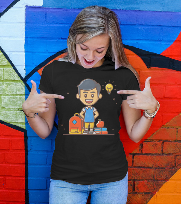Back To School Student With Backpack Books Apple And Light Bulb T-Shirt