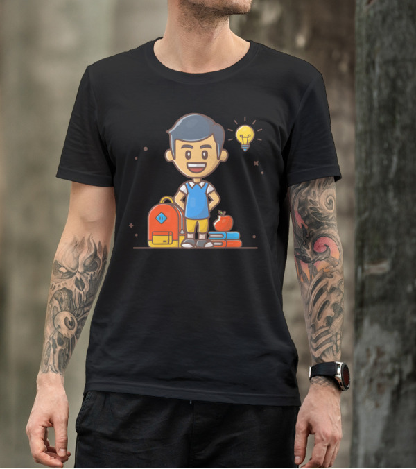 Back To School Student With Backpack Books Apple And Light Bulb T-Shirt