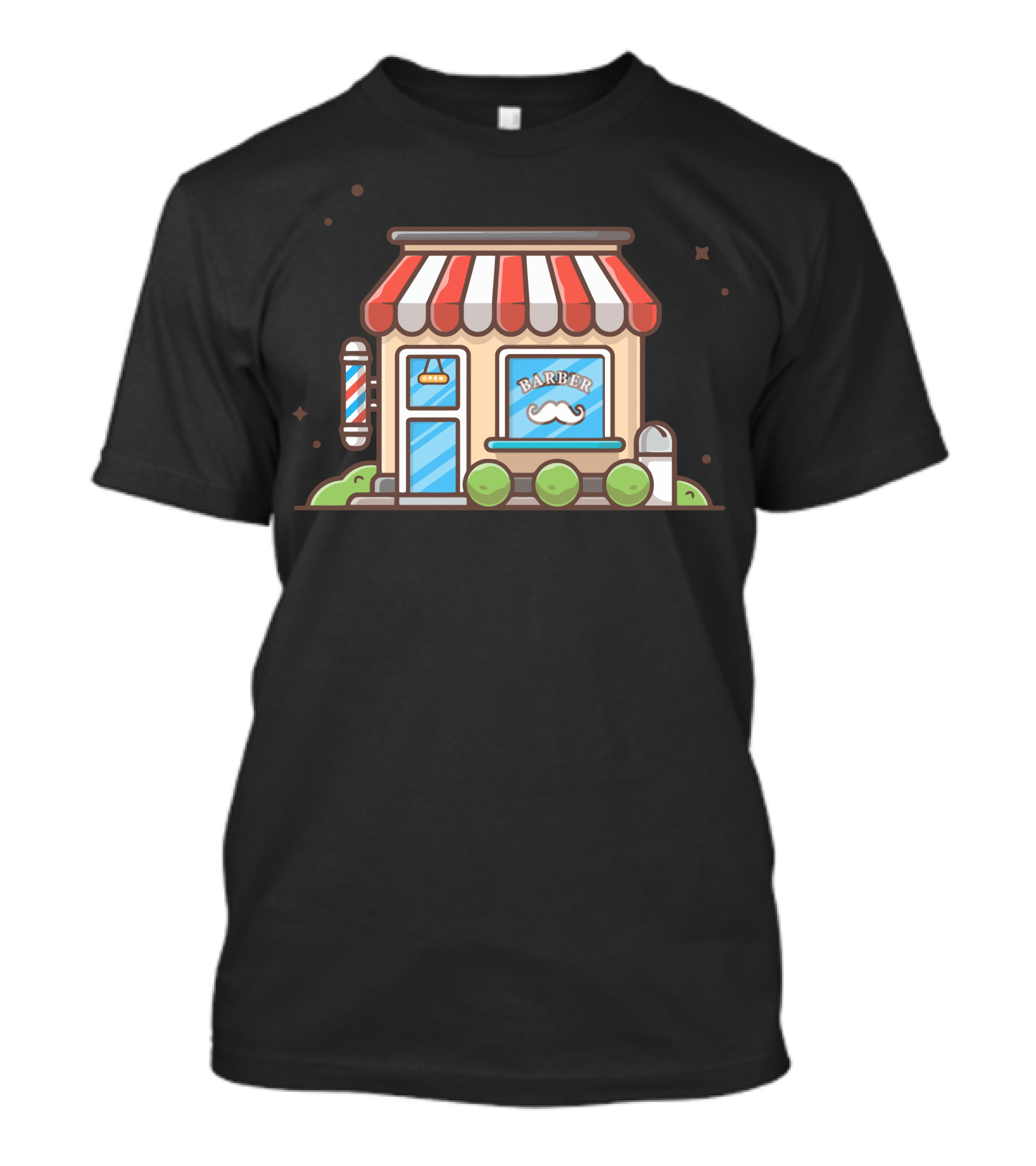 Barber Shop With Red And White Pole And Mustache Window Display With Plants T-Shirt