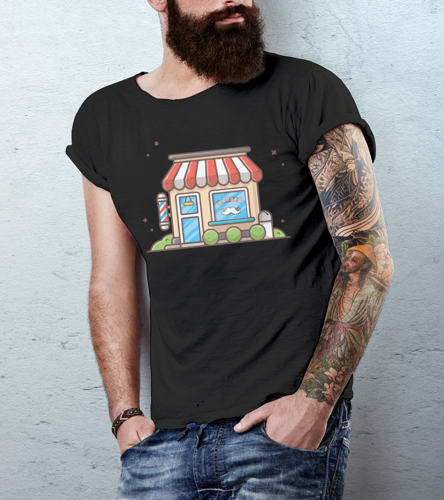 Barber Shop With Red And White Pole And Mustache Window Display With Plants T-Shirt