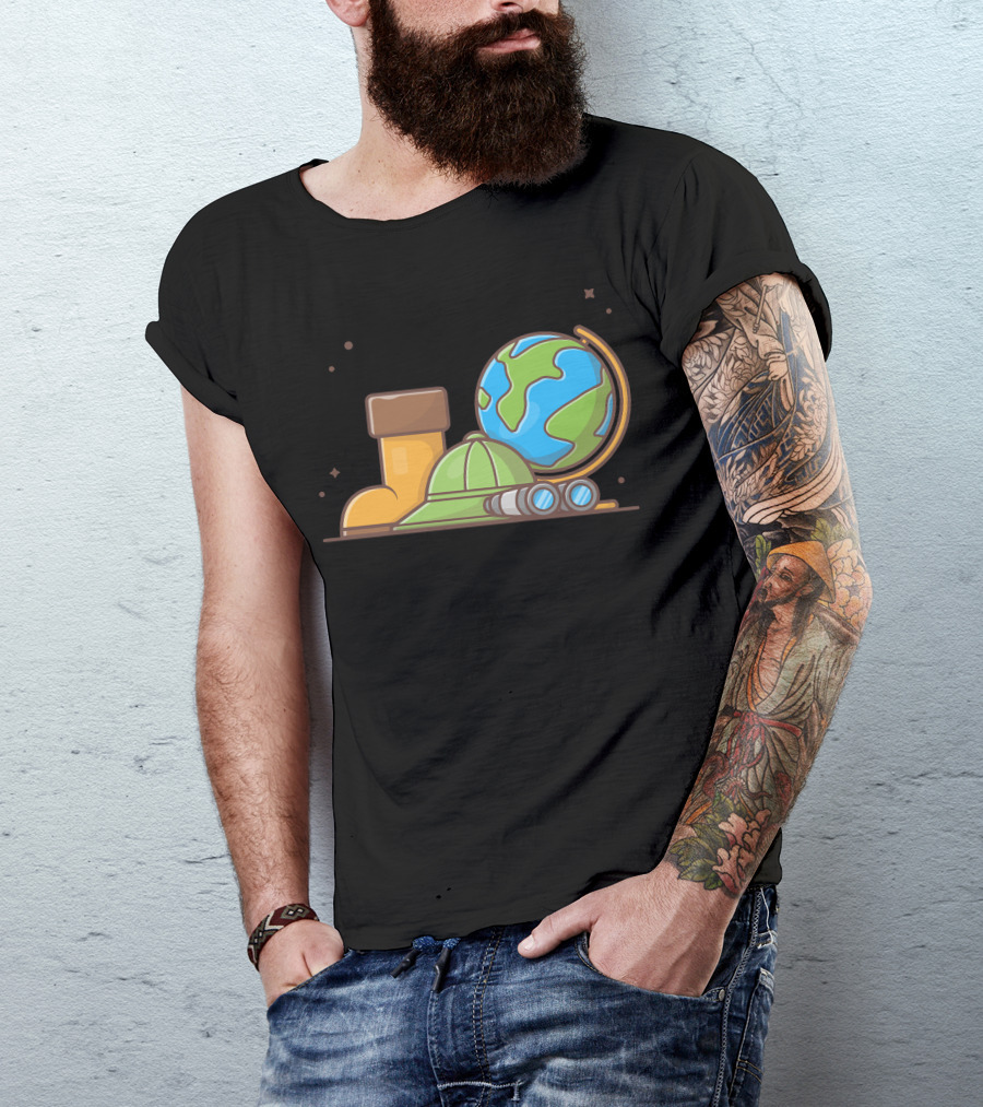 Boot, Hat, Binoculars, And Globe Adventure Elements T-Shirt