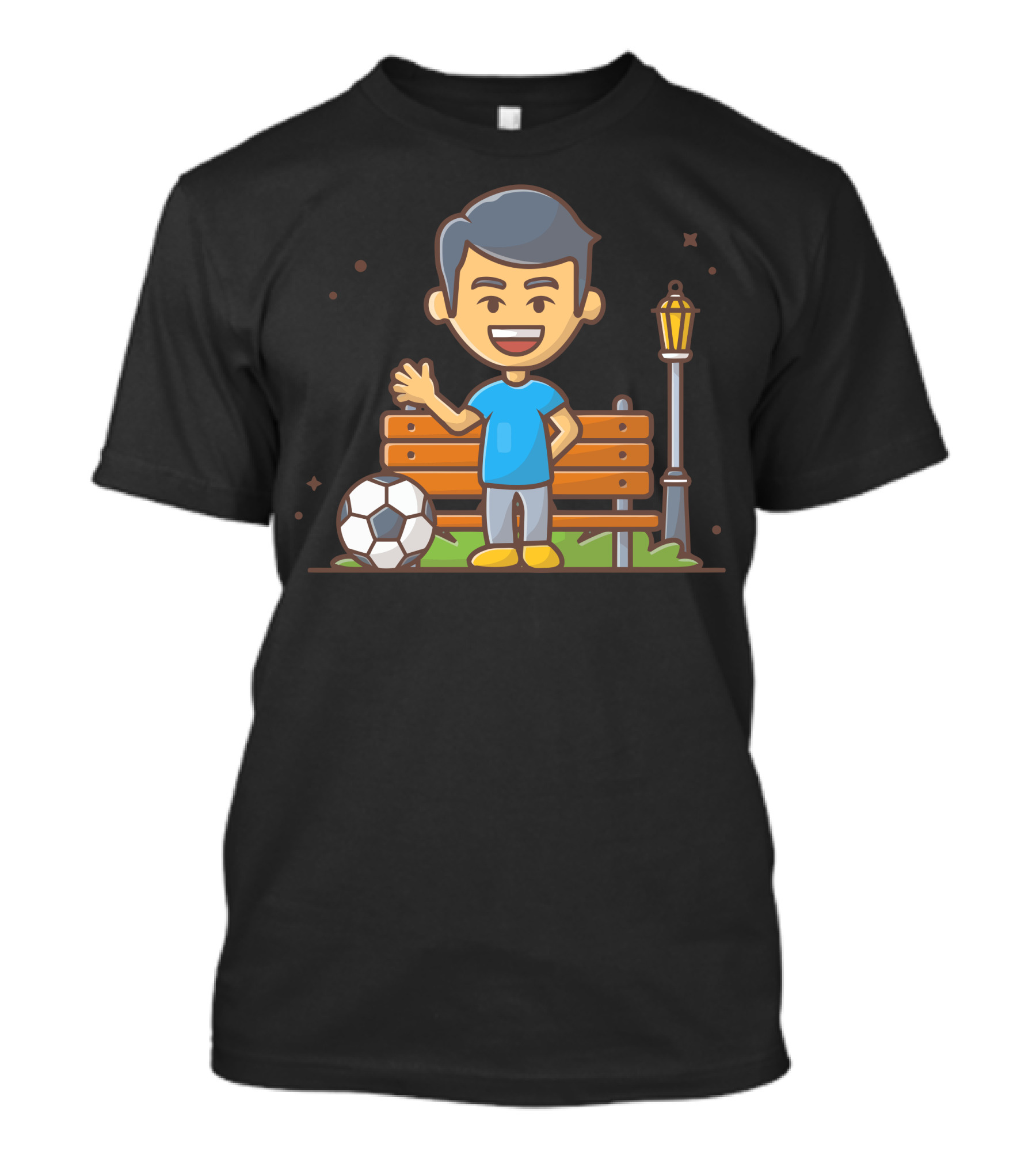Boy Waving Near Soccer Ball And Park Bench T-Shirt