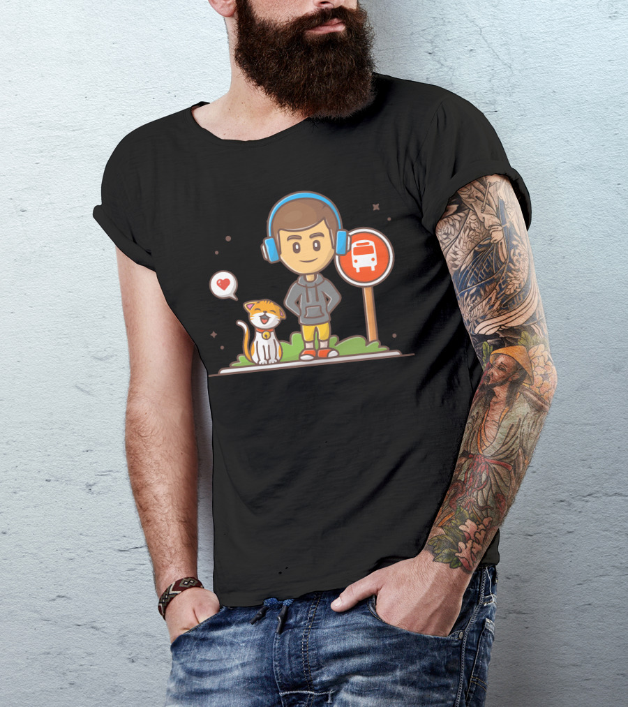 Boy Standing At Bus Stop With Heartful Cat Companion T-Shirt