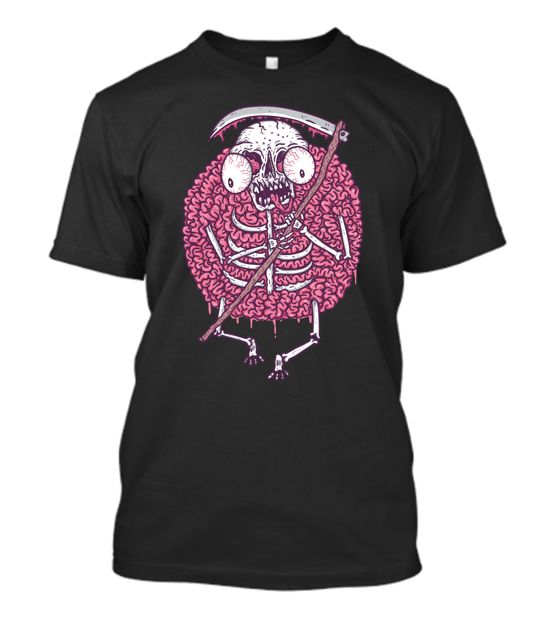 Brainy Reaper Skull With Scythe Surrounded By Brain T-Shirt