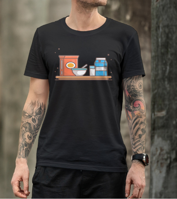 Breakfast Time With Cereal Bowl And Vanilla Milk On Wooden Tray T-Shirt