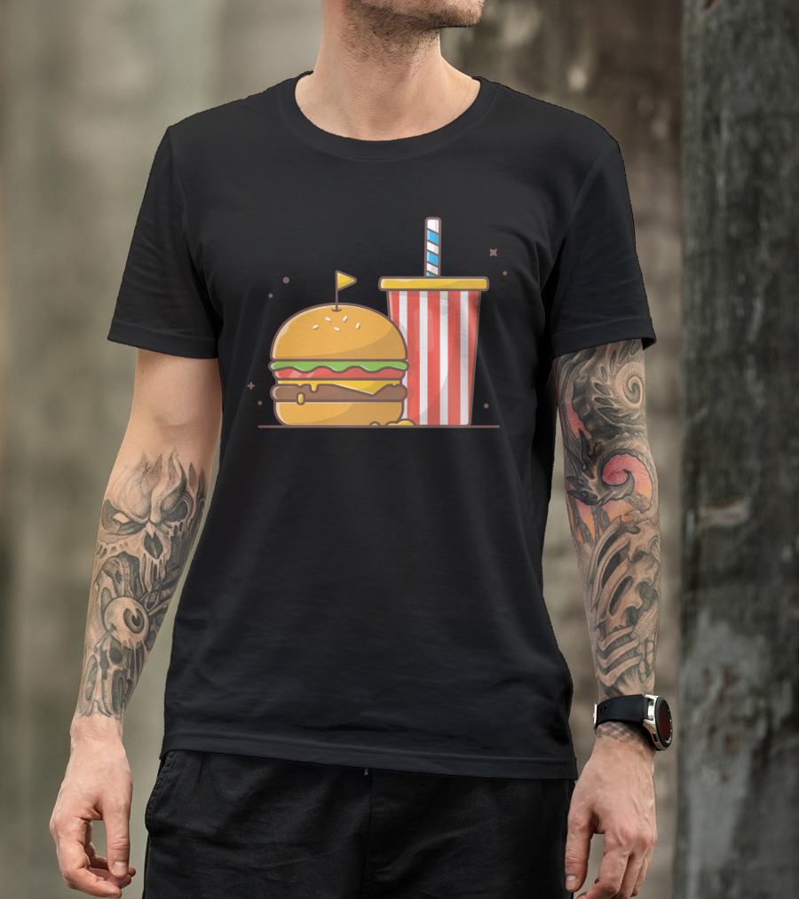 Burger And Soda Delight With Striped Cup T-Shirt