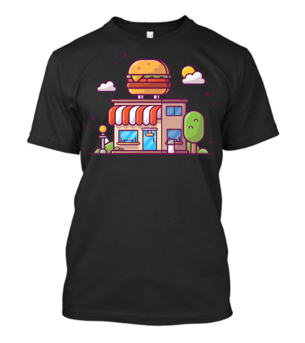 Burger Shop Fast Food Restaurant Building Featuring Burger Clouds And Tree Elements T-Shirt