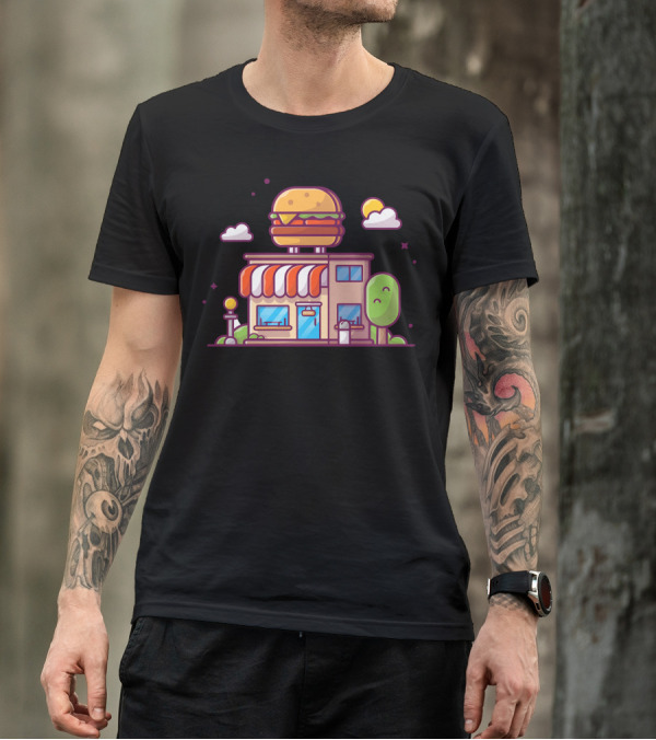 Burger Shop Fast Food Restaurant Building Featuring Burger Clouds And Tree Elements T-Shirt