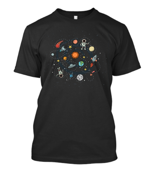 Cartoon Space Astronauts Planets Rockets And UFOs Adventure T-Shirt