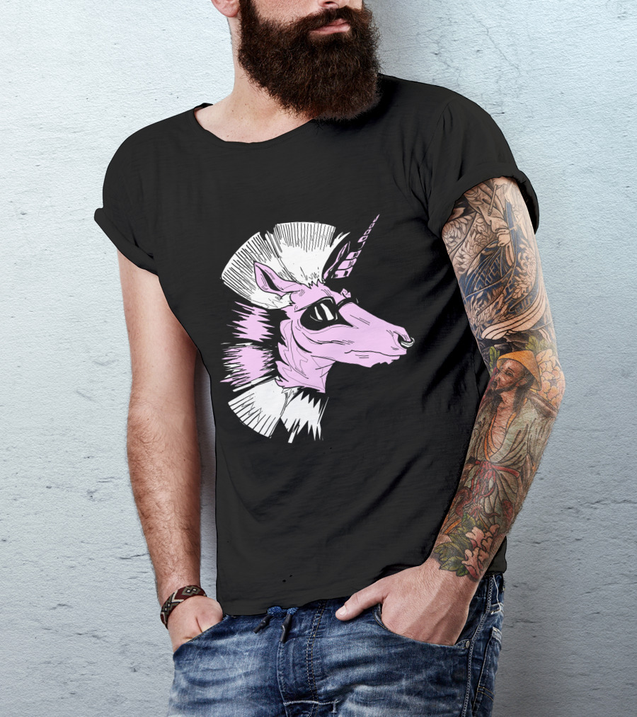 Cool Unicorn Comics Punk Style Sunglasses Mohawk T-Shirt