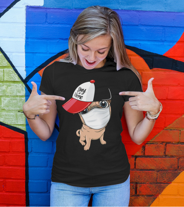 Stay At Home Masked Dog In Red And Black Cap T-Shirt