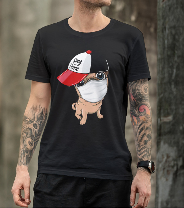 Stay At Home Masked Dog In Red And Black Cap T-Shirt