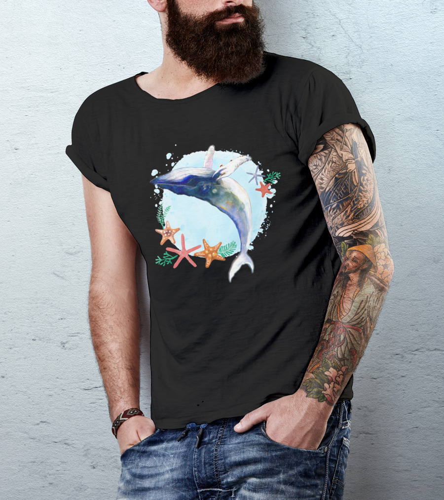 Dolphin Watercolor Humpback Whale Ocean Starfish Marine T-Shirt
