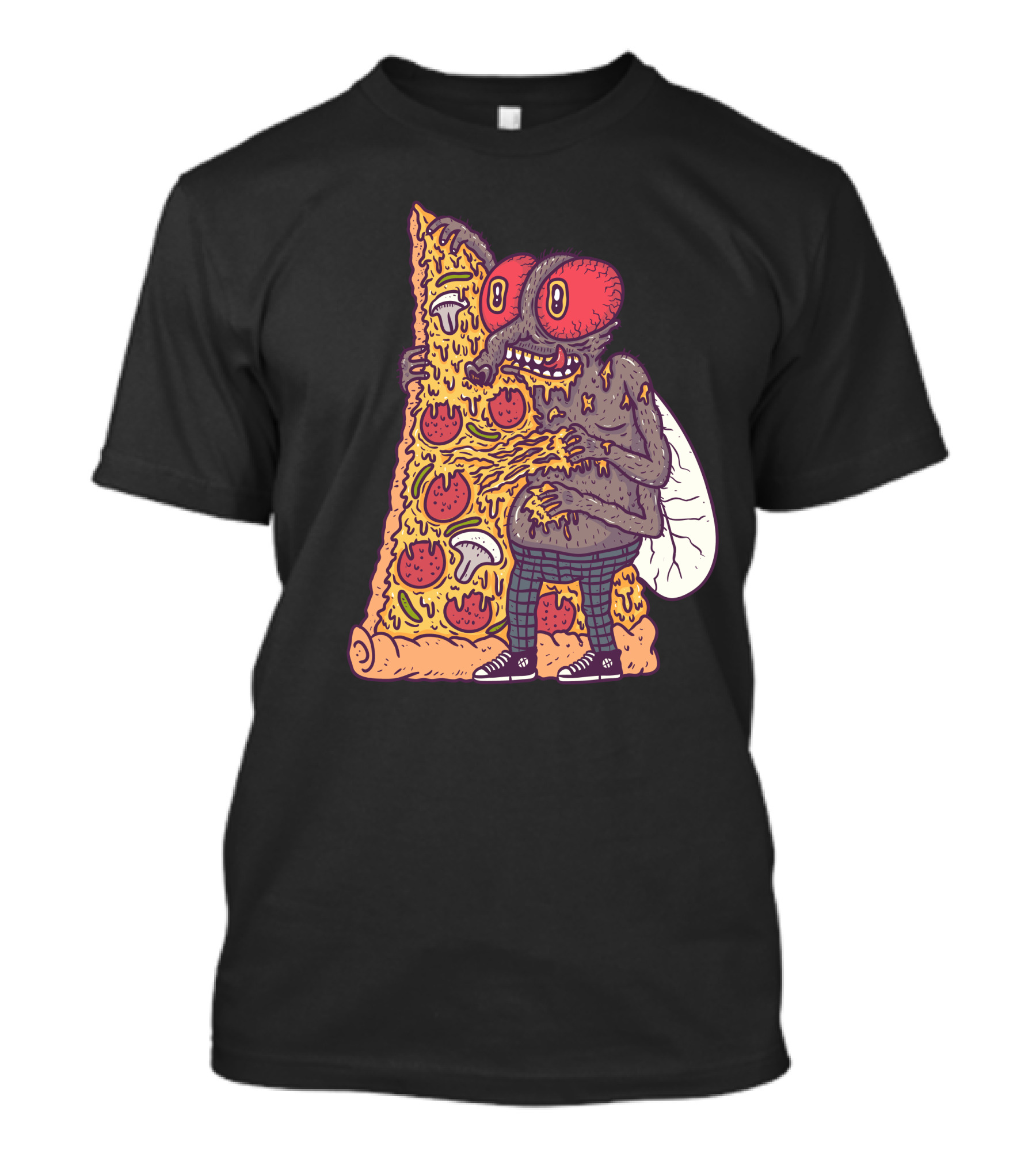 Pizza Fly Monster Hugging Cheesy Slice With Pepperoni And Mushrooms T-Shirt