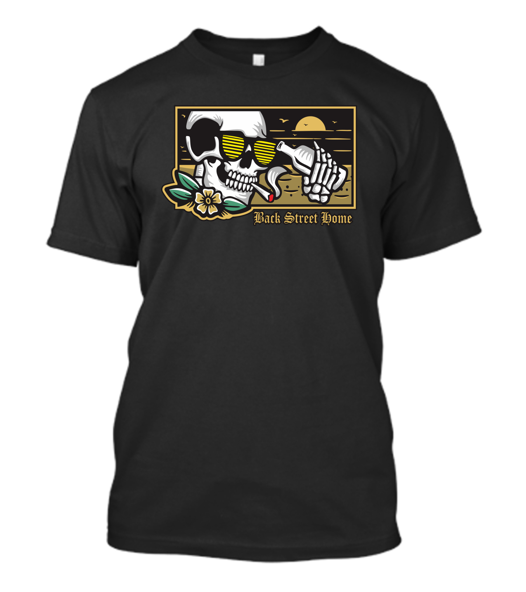 Back Street Home Skull With Sunglasses And Bottle T-Shirt