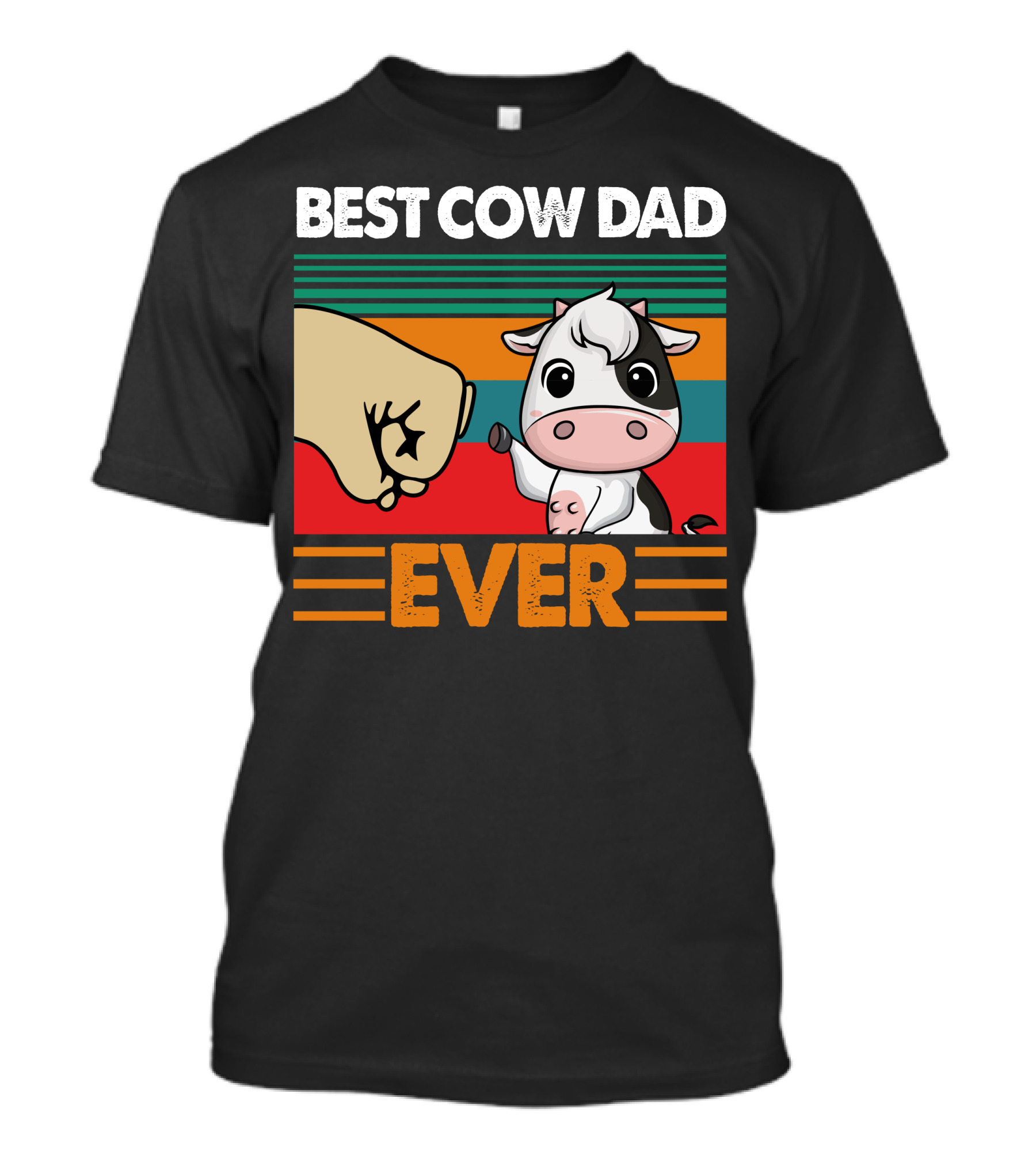 Best Cow Dad Ever Fist Bump With Cute Cartoon Cow And Retro Stripes T-Shirt