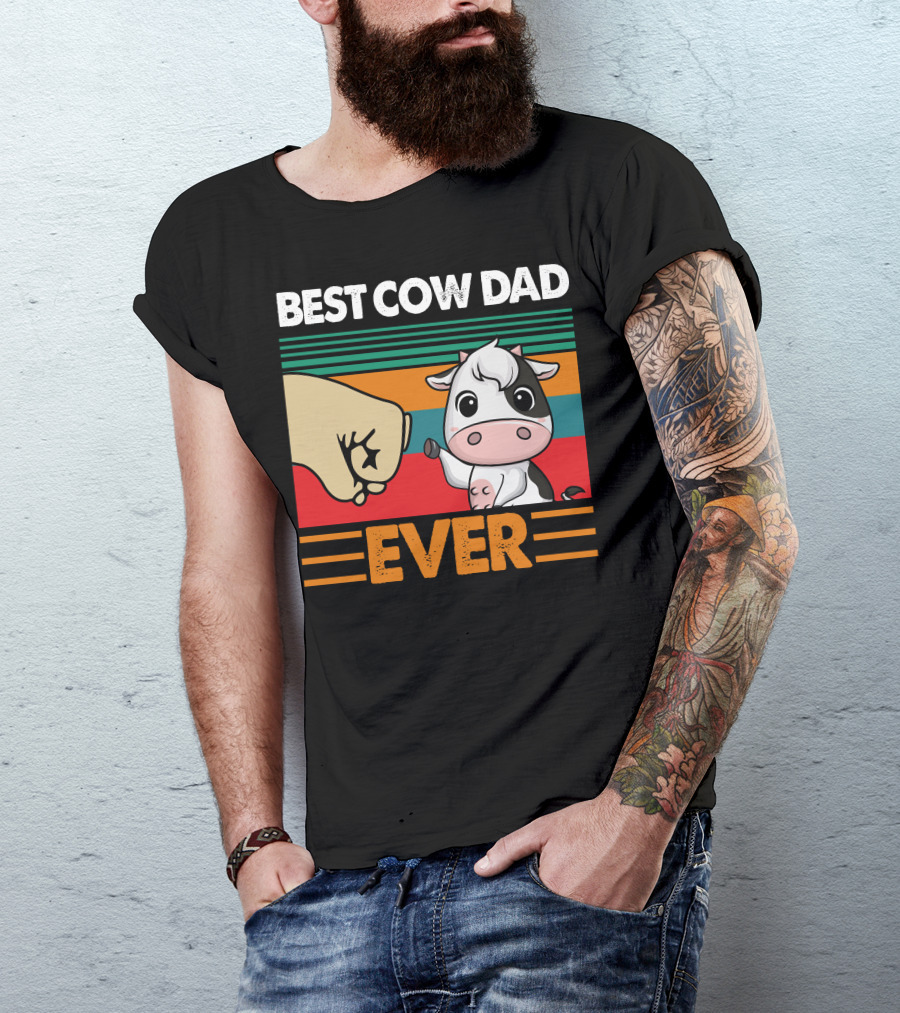 Best Cow Dad Ever Fist Bump With Cute Cartoon Cow And Retro Stripes T-Shirt