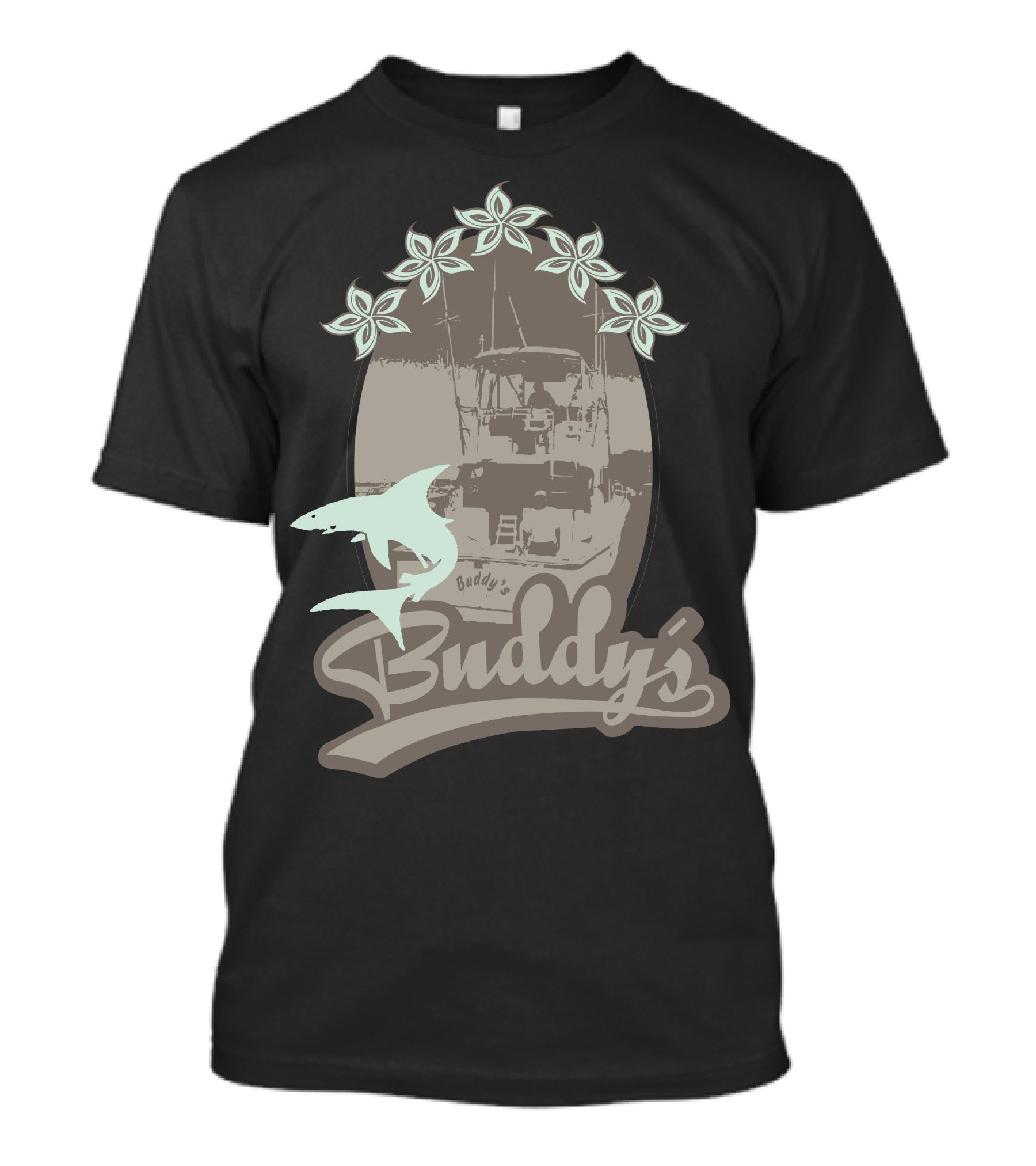 Buddy's Boat And Shark Theme With Floral Elements T-Shirt
