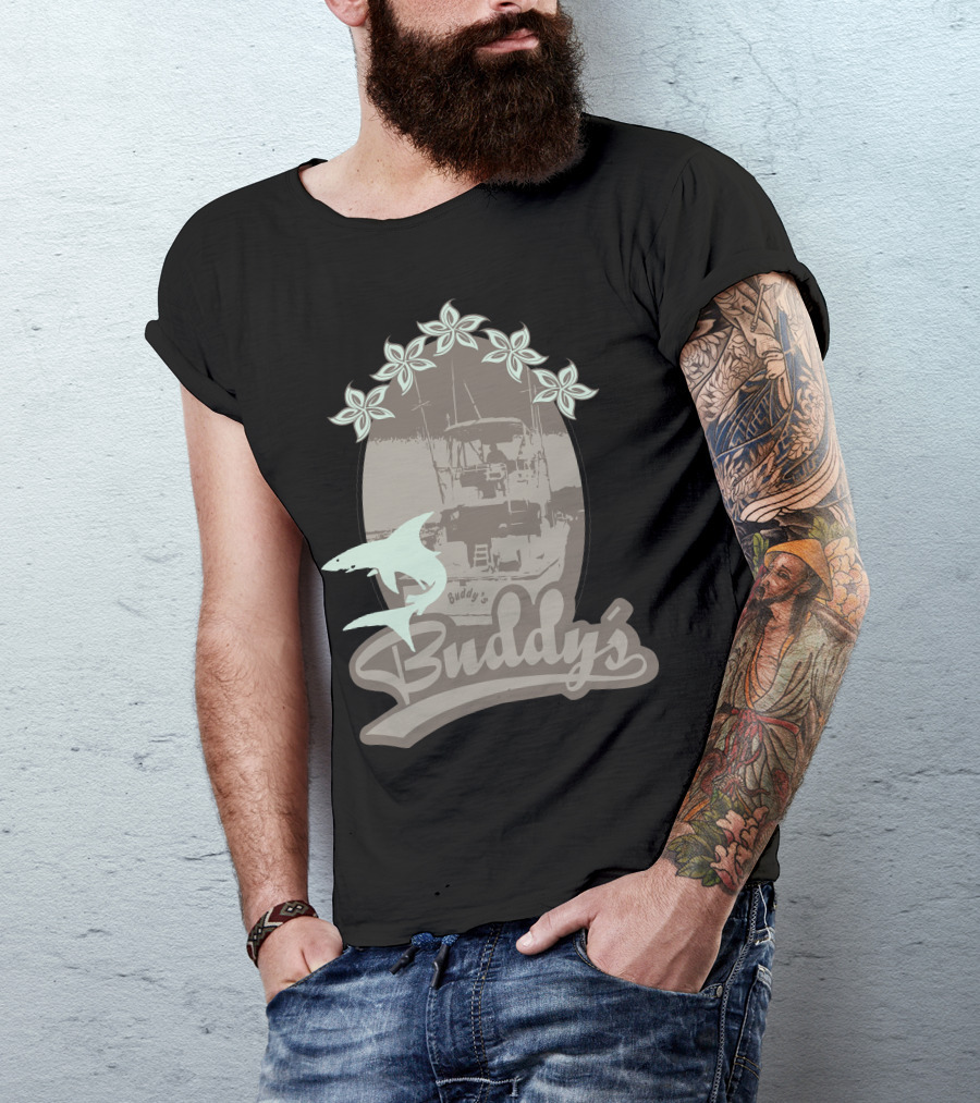 Buddy's Boat And Shark Theme With Floral Elements T-Shirt