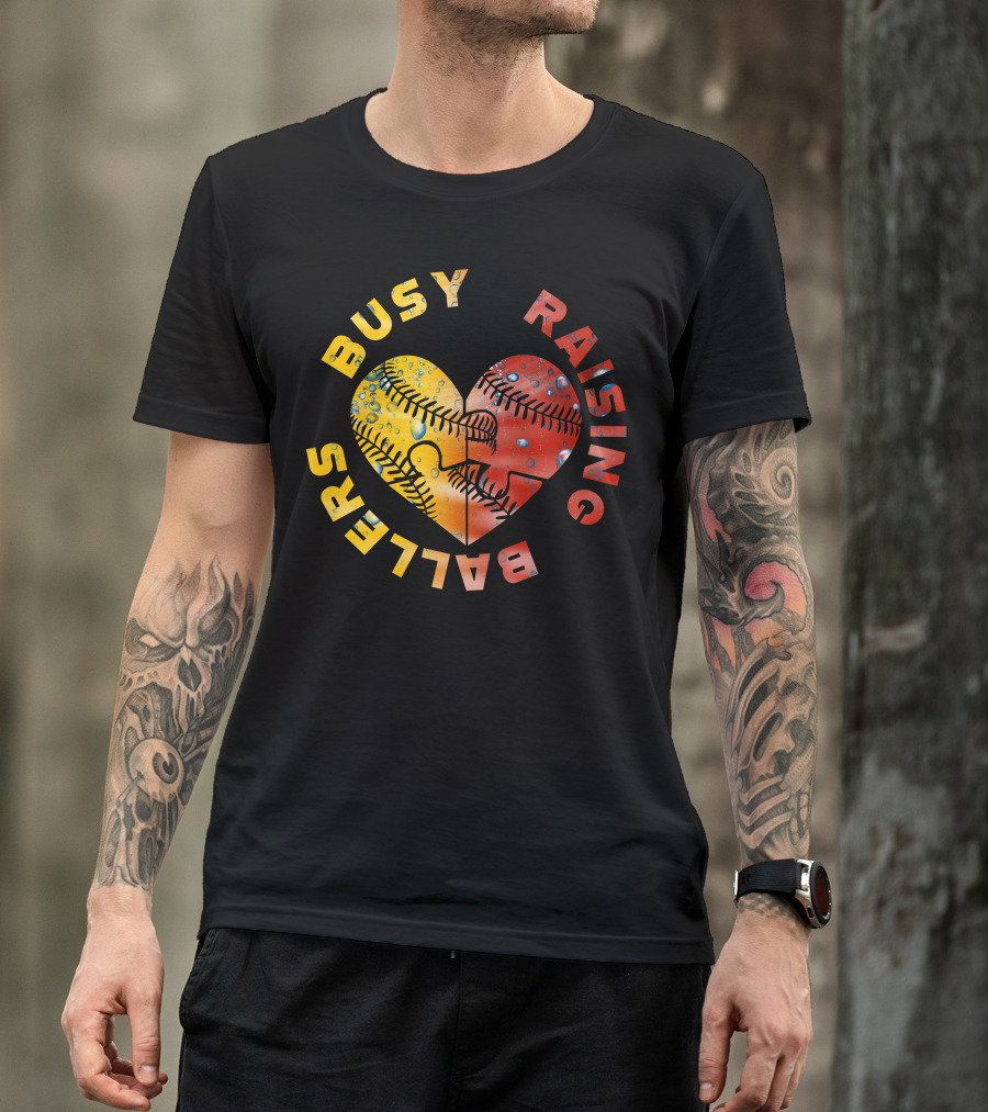 Busy Raising Ballers Puzzle Heart Baseball Softball T-Shirt